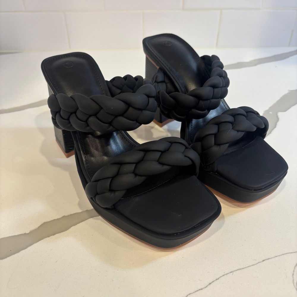 Coutgo Womens Chunky Platform Sandals Braided Mules Slide Heels Black Size 7